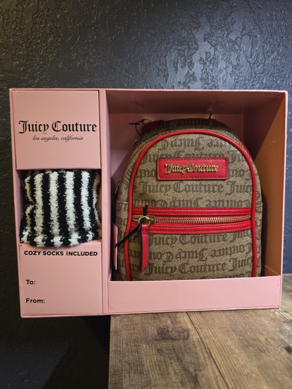 Juicy Couture Brown Red Mini Backpack Socks 7.5"W x 9" NWT Gift Box Set